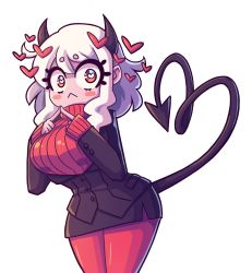Rule 34 | 1girl, :&lt;, absurdres, black horns, black tail, blush, blush stickers, chibi, commentary, demon girl, demon horns, demon tail, english commentary, formal, heart, heart-shaped pupils, heart tail, helltaker, highres, horns, j5-daigada, modeus (helltaker), pantyhose, red eyes, red pantyhose, red sweater, ribbed sweater, short hair, simple background, sweater, symbol-shaped pupils, tail, turtleneck, turtleneck sweater, white background, white hair