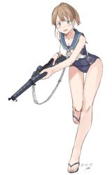 Rule 34 | 1girl, alternate costume, blue eyes, blue one-piece swimsuit, blue sailor collar, bolt action, brown hair, cosplay, full body, gun, intrepid (kancolle), kantai collection, kawashina (momen silicon), leaning forward, m1903 springfield, neckerchief, one-piece swimsuit, ponytail, rifle, ro-500 (kancolle), ro-500 (kancolle) (cosplay), sailor collar, sandals, school swimsuit, shirt, short hair, simple background, solo, swimsuit, weapon, white background, white neckerchief, white shirt
