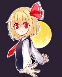 Rule 34 | 1girl, ascot, black background, blonde hair, bow, collared shirt, foreshortening, hair bow, looking at viewer, moon, one-hour drawing challenge, outline, outstretched arms, profile, red eyes, rumia, shirt, short hair, sketch, smile, solo, spread arms, touhou, upper body, vest, yada (xxxadaman)