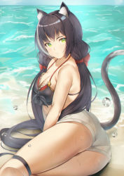 Rule 34 | 1girl, absurdres, animal ear fluff, animal ears, arm support, bare arms, bare shoulders, beach, bikini, black hair, black ribbon, blush, breasts, cat ears, cat girl, cat tail, cleavage, closed mouth, collarbone, frilled bikini, frills, grayfox, green eyes, hair ribbon, highres, horizon, karyl (princess connect!), karyl (summer) (princess connect!), large breasts, long hair, looking at viewer, low twintails, lying, multicolored hair, ocean, on side, princess connect!, red ribbon, ribbon, sand, shorts, sitting, solo, swimsuit, tail, thigh strap, thighs, twintails, very long hair, water, water drop, wet, white hair, white shorts