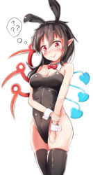 Rule 34 | 1girl, animal ears, asymmetrical wings, black hair, black thighhighs, blush, breasts, cleavage, highres, houjuu nue, igayan, leotard, looking at viewer, playboy bunny, pointy ears, rabbit ears, red eyes, simple background, solo, tears, thighhighs, touhou, white background, wings, wrist cuffs
