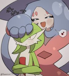 Rule 34 | 2girls, a-nya, annoyed, black sclera, blue eyes, blue hair, blue headwear, blush, bob cut, bright pupils, closed mouth, colored sclera, colored skin, creatures (company), crossed arms, female focus, flat chest, game freak, gardevoir, gen 3 pokemon, gen 8 pokemon, green hair, green skin, grey background, grey skin, hair over one eye, half-closed eyes, happy, hat, hatterene, headpat, heart, interspecies, japanese text, light blush, long hair, motion lines, multicolored hair, multicolored skin, multiple girls, nintendo, one eye covered, open mouth, pink hair, pokemon, pokemon (creature), prehensile hair, red eyes, short hair, sidelocks, simple background, smile, speech bubble, spoken heart, standing, sweat, translation request, two-tone hair, two-tone skin, upper body, very long hair, white pupils, witch hat, yuri
