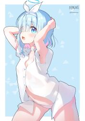 Rule 34 | 1girl, absurdres, arms behind head, arms up, arona (blue archive), blue archive, blue eyes, blue hair, blue halo, blush, braid, breasts, choker, cleavage, colored inner hair, commentary, cowboy shot, hair ribbon, hairband, halo, highres, light blue hair, multicolored hair, n3moni, no pants, open mouth, panties, panties over clothes, panties over shirt, partially unbuttoned, pink hair, ribbon, round teeth, shirt, side braid, single braid, small breasts, solo, symbol-only commentary, teeth, underwear, upper teeth only, white choker, white hairband, white panties, white ribbon, white shirt
