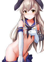 Rule 34 | 10s, 1girl, anchor hair ornament, bad id, bad pixiv id, blue skirt, brown hair, elbow gloves, gloves, hair ornament, kantai collection, long hair, looking at viewer, personification, shimakaze (kancolle), simple background, skirt, solo, tatenayua, white background, white gloves, yellow eyes