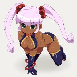 Rule 34 | all fours, breasts, cleavage, dark-skinned female, dark skin, elbow gloves, glenda (puchi puri yucie), gloves, green eyes, hair bobbles, hair ornament, highres, large breasts, om (nk2007), pink hair, puchi puri yucie, simple background, solo, thighhighs, twintails