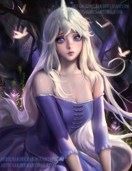 Rule 34 | 1girl, artist name, bare shoulders, branch, breasts, bug, butterfly, cleavage, dress, flower, forest, horns, insect, lady amalthea, long hair, looking at viewer, nature, parted lips, personification, purple dress, purple eyes, sakimichan, single horn, solo, strapless, strapless dress, the last unicorn, the unicorn (the last unicorn), upper body, very long hair, watermark, web address, white hair