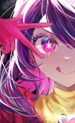 Rule 34 | 1girl, absurdres, brooch, closed mouth, commentary, gloves, hashtag-only commentary, heart, heart brooch, highres, hoshino ai (oshi no ko), jewelry, light particles, long hair, looking at viewer, maya (gpmp3825), oshi no ko, pink gloves, portrait, purple eyes, purple hair, solo, sparkle, star-shaped pupils, star (symbol), sweat, symbol-shaped pupils, tongue, tongue out, turtleneck, v over eye
