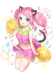 Rule 34 | 10s, 1girl, :3, :d, animal ears, aqua hair, bad id, bad pixiv id, bare arms, blue eyes, blush, breasts, cat ears, cat tail, cheerleader, collarbone, confetti, crop top, facial mark, full body, hashimoto nyaa, highres, holding, jumping, legs up, long hair, looking at viewer, marmoset (marmoset0), medium breasts, midair, midriff, multicolored hair, navel, open mouth, osomatsu-san, paw print, paw print background, pink hair, pink skirt, pleated skirt, pom pom (cheerleading), shirt, sidelocks, skirt, sleeveless, sleeveless shirt, smile, solo, sparkle, tail, twintails, water drop, whisker markings