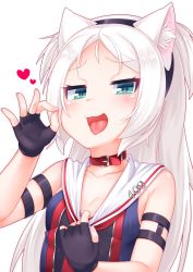 Rule 34 | 1girl, :d, animal ear fluff, animal ears, azur lane, black gloves, black hairband, blush, breasts, cat ears, cleavage, collar, commentary request, fellatio gesture, fingerless gloves, gloves, green eyes, hairband, heart, highres, kirisame mia, long hair, looking at viewer, open mouth, sailor collar, simple background, sims (azur lane), smile, smug, solo, tongue, tongue out, upper body, white background, white sailor collar