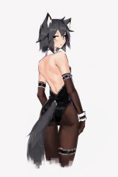 Rule 34 | 1girl, absurdres, animal ears, back, backless outfit, black gloves, black hair, black pantyhose, blush, breasts, bridal garter, cat ears, cat tail, closed mouth, cropped legs, deel (rkeg), detached collar, elbow gloves, from behind, gloves, highres, kittysuit, leotard, looking at viewer, looking back, nontraditional playboy bunny, original, pantyhose, ramn, short hair, simple background, solo, strapless, strapless leotard, tail, white background, yellow eyes