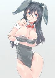 Rule 34 | 1girl, alternate breast size, animal ears, arm under breasts, black hair, black leotard, blue eyes, bow, bowtie, breasts, cleavage, commentary request, detached collar, fake animal ears, glasses, hair between eyes, holding, holding pen, kantai collection, large breasts, leotard, long hair, looking at viewer, ooyodo (kancolle), pen, playboy bunny, rabbit ears, red bow, red bowtie, simple background, smile, solo, strapless, strapless leotard, tomamatto, wrist cuffs