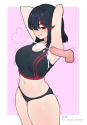 Rule 34 | 1girl, armpit sex, armpits, arms behind head, arms up, artist name, black hair, black panties, black sports bra, blue eyes, blush, breasts, cum, cum on armpits, cum on body, cum on clothes, dazz chan, disembodied penis, ejaculation, grin, hetero, highres, kill la kill, large breasts, looking back, matoi ryuuko, multicolored hair, navel, nose blush, open mouth, panties, penis, red hair, short hair, smile, solo focus, sports bra, stomach, sweat, thick thighs, thighs, trembling, underwear