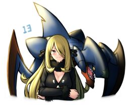 Rule 34 | blonde hair, breasts, cleavage, closed mouth, creatures (company), crossed arms, cynthia (pokemon), fur trim, game freak, garchomp, gen 4 pokemon, hair over one eye, highres, large breasts, long hair, long sleeves, looking at viewer, mega garchomp, mega pokemon, nintendo, pinguinkotak, pokemon, pokemon (creature), pokemon dppt, smile, upper body, white background