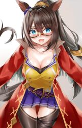 Rule 34 | 1girl, absurdres, animal ears, black thighhighs, blue eyes, blush, breasts, brown hair, cleavage, commentary request, cowboy shot, domino mask, ear ornament, el condor pasa (umamusume), hair between eyes, highres, horse ears, horse girl, horse tail, jacket, knee up, large breasts, long hair, mask, open clothes, open jacket, parted lips, pleated skirt, ponytail, purple skirt, red jacket, simple background, skirt, solo, tail, thighhighs, tsuyusora, umamusume, white background, yellow jacket