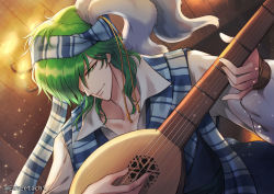 Rule 34 | 1boy, absurdres, artist name, blue vest, collarbone, commentary request, dutch angle, eeveetachi, fire emblem, fire emblem: genealogy of the holy war, green eyes, green hair, head scarf, highres, holding, holding instrument, indoors, instrument, lewyn (fire emblem), light particles, long sleeves, lute (instrument), male focus, music, nintendo, partial commentary, playing instrument, shirt, short hair, smile, solo, twitter username, upper body, vest, white shirt