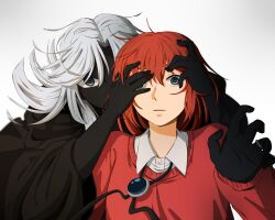 Rule 34 | 1boy, 1girl, black coat, black hands, black skin, bolo tie, closed mouth, coat, collared shirt, colored skin, covering another&#039;s eyes, delfuze, green eyes, grey eyes, hatori chise, heterochromia, highres, jewelry, joseph cartaphilus, long sleeves, mahou tsukai no yome, medium hair, red hair, red sweater, ring, shirt, simple background, sweater, white background, wide-eyed, wing collar