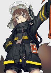 Rule 34 | 1girl, animal ears helmet, animal helmet, arknights, axe, black gloves, black jacket, black shorts, brown eyes, brown hair, commentary request, cowboy shot, fire axe, fire helmet, firefighter jacket, firefighter, fixro2n, gloves, grey background, grey headwear, hand in pocket, highres, jacket, long sleeves, outstretched arm, parted lips, shaw (arknights), short shorts, shorts, simple background, solo, squirrel girl, squirrel tail, standing, tail, thick eyebrows, triangle mouth, v-shaped eyebrows