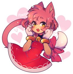 Rule 34 | 1girl, :3, :d, alternate species, amy rose, animal ears, artist name, blush, bow, breasts, cat, cat ears, cat girl, cat tail, commentary, dress, english commentary, furry, furry female, gloves, hairband, heart, highres, medium breasts, mekaiime, open mouth, pink bow, pink hair, red dress, red hairband, simple background, smile, solo, sonic (series), tail, upper body, whiskers, white background, white gloves, yellow eyes