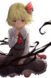 Rule 34 | 1girl, ascot, black skirt, blonde hair, finger to mouth, frilled skirt, frills, full body, kneeling, lazuri7, long sleeves, looking at viewer, red ascot, red eyes, red footwear, rumia, short hair, simple background, skirt, smile, solo, touhou, white background, white sleeves