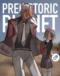 Rule 34 | 2boys, bad id, bad twitter id, blurry, blurry background, blush, breast pocket, commentary request, copyright name, grey hair, grey necktie, grey pants, hair over one eye, highres, jacket, kamitoge supino, kneehighs, long sleeves, mars symbol, multicolored hair, multiple boys, necktie, open clothes, open jacket, open mouth, orange eyes, orange hair, pants, personification, pleated skirt, pocket, prehistoric planet, red hair, red jacket, skirt, socks, trap, white legwear, x fingers
