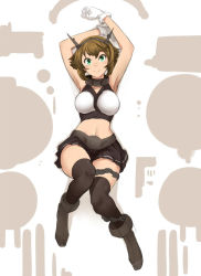 Rule 34 | 10s, 1girl, armpits, arms up, bare shoulders, blush, boots, breasts, brown hair, gloves, green eyes, hairband, headgear, kantai collection, large breasts, looking at viewer, lying, midriff, mutsu (kancolle), navel, omuraisu echizen, on back, short hair, skirt, smile, solo, thighhighs