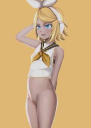 Rule 34 | 1girl, arm behind back, arm up, aruman, black bra, blonde hair, blush, bottomless, bra, breasts, collarbone, female focus, hairband, highres, kagamine rin, navel, neckerchief, open mouth, pussy, shirt, short hair, simple background, sleeveless, sleeveless shirt, small breasts, smile, solo, standing, third-party edit, uncensored, underwear, vocaloid, white hairband, yellow background