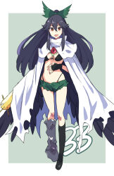 Rule 34 | 1girl, adapted costume, arm cannon, bikini, bikini top only, bird wings, black bikini, black footwear, black gloves, black hair, black socks, black wings, bow, breasts, brown eyes, cape, control rod, fingerless gloves, full body, gloves, green background, green bow, green shorts, hair between eyes, hair bow, highres, jack (wkm74959), long bangs, long hair, looking at viewer, medium breasts, micro shorts, one-hour drawing challenge, open mouth, reiuji utsuho, shoes, shorts, single shoe, smile, socks, solo, swimsuit, third eye, torn cape, torn clothes, touhou, two-tone background, weapon, white background, white cape, wings