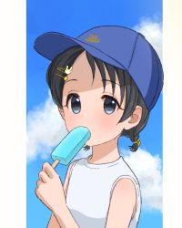 Rule 34 | 1girl, black eyes, black hair, blue hat, blue sky, cloud, cloudy sky, commentary, day, dot nose, eyes visible through hair, flat chest, food, hair ornament, hairclip, hand up, hat, highres, holding, holding food, holding ice cream, ice cream, idolmaster, idolmaster cinderella girls, light blush, looking at viewer, megabee e, outdoors, popsicle, rabbit hair ornament, sasaki chie, shirt, short hair, short twintails, sky, sleeveless, sleeveless shirt, solo, symbol-only commentary, twintails, upper body, white shirt