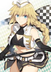 Rule 34 | 1girl, argyle, argyle background, argyle clothes, black gloves, black skirt, blonde hair, blue eyes, braid, braided ponytail, breasts, checkered background, cleavage, cleavage cutout, clothing cutout, cowboy shot, crop top, elbow gloves, fate/apocrypha, fate (series), floating hair, gloves, hair between eyes, hat, highres, jeanne d&#039;arc (fate), jeanne d&#039;arc (ruler) (fate), jeanne d&#039;arc (type-moon racing) (fate), long hair, medium breasts, midriff, miniskirt, navel, nikame, pleated skirt, single braid, skirt, smile, solo, standing, stomach, very long hair, white hat