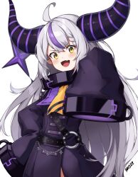 Rule 34 | 1girl, :d, ahoge, black coat, black horns, braid, braided bangs, coat, collar, commentary, demon horns, double-parted bangs, english commentary, fang, grey hair, hand on own hip, hao1190, highres, hololive, horns, la+ darknesss, la+ darknesss (1st costume), long hair, looking at viewer, metal collar, multicolored hair, open mouth, pointy ears, purple coat, purple hair, skin fang, sleeves past fingers, sleeves past wrists, smile, smug, solo, streaked hair, striped horns, trench coat, v-shaped eyebrows, very long hair, virtual youtuber, yellow eyes