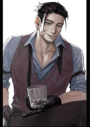 Rule 34 | 1boy, backlighting, black eyes, black gloves, black hair, collared shirt, cup, facial hair, facial scar, feet out of frame, gloves, goatee, golden kamuy, hair slicked back, highres, holding, holding cup, looking at viewer, male focus, midomido, necktie, ogata hyakunosuke, partially unbuttoned, pectoral cleavage, pectorals, scar, scar on cheek, scar on face, shirt, short hair, sideburns, smile, smug, solo, stubble, toned, toned male, undercut, undone necktie, vest