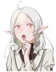 Rule 34 | 1girl, ahoge, dress, elf, hand on own chin, highres, long hair, mushoku tensei, open mouth, pointy ears, red eyes, simple background, solo, sylphiette (mushoku tensei), tokita (mag0), white background, white dress, white hair