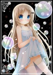 Rule 34 | 1girl, bare arms, bare shoulders, bat hair ornament, blue dress, blush, bubble, center frills, chibinon, closed mouth, collarbone, commentary request, dress, frills, hair ornament, light brown hair, little busters!, long hair, looking at viewer, noumi kudryavka, ribbon, skirt hold, sleeveless, sleeveless dress, smile, solo, thighhighs, very long hair, white ribbon, white thighhighs
