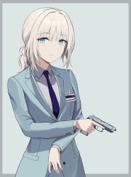 Rule 34 | 1girl, absurdres, an-94 (antje) (girls&#039; frontline), an-94 (girls&#039; frontline), aqua eyes, aqua jacket, blazer, blonde hair, blue necktie, closed mouth, girls&#039; frontline, gun, handgun, highres, holding, holding gun, holding weapon, id card, jacket, long hair, looking at viewer, necktie, official alternate costume, pistol, shirt, simple background, solo, the void to fly, upper body, weapon, white shirt