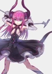 Rule 34 | &gt;:), 10s, 1girl, absurdres, armpits, black dress, blue eyes, closed mouth, detached sleeves, diamond (shape), dragon girl, dragon horns, dragon tail, dress, elizabeth bathory (fate), elizabeth bathory (fate/extra ccc), elizabeth bathory (first ascension) (fate), emoshon, eyes visible through hair, facing viewer, fate/extra, fate/extra ccc, fate/grand order, fate (series), flat chest, frilled sleeves, frills, hair between eyes, highres, horns, legs apart, long hair, long sleeves, looking at viewer, markings, microphone, microphone stand, pink hair, pointy ears, silver background, simple background, solo, tail, v-shaped eyebrows