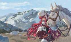 Rule 34 | 1girl, absurdres, black vest, blue eyes, blue sky, closed mouth, cloud, cowboy shot, fur hat, grass, hair over one eye, hand on animal, hand up, hat, highres, horse, leaning forward, long hair, long sleeves, looking down, mountain, outdoors, pants, pants under skirt, puffy long sleeves, puffy sleeves, red hair, red skirt, reverse:1999, rock, shirt, skirt, sky, snow, solo, tree, ushanka, very long hair, vest, walking, white hat, white pants, white shirt, yenisei (reverse:1999), zzzzzziyao