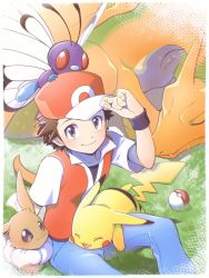 Rule 34 | 1boy, baseball cap, blue pants, blush, border, brown eyes, brown hair, butterfree, charizard, closed mouth, collarbone, commentary request, creatures (company), eevee, game freak, gen 1 pokemon, grass, hand up, hat, jacket, looking at viewer, male focus, nagi (exsit00), nintendo, on head, pants, pikachu, poke ball, poke ball (basic), pokemon, pokemon (creature), pokemon frlg, pokemon on head, shirt, short hair, short sleeves, sitting, smile, spiked hair, white border, wristband