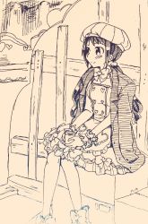 Rule 34 | 1girl, artist request, black hair, blush, boots, brown eyes, cabbie hat, choker, cup, dress, female focus, frilled dress, frilled sleeves, frills, full body, hat, heart, holding, idolmaster, idolmaster cinderella girls, jacket, jacket on shoulders, legs, long hair, long twintails, monochrome, nakano yuka, namco, neck ribbon, outdoors, ribbon, ribbon choker, sitting, traditional media, twintails, wristband