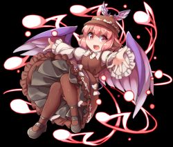 Rule 34 | 1girl, animal ears, black background, black footwear, blush, brown dress, brown thighhighs, commentary request, dress, eighth note, feathered wings, full body, fun bo, hat, long sleeves, looking at viewer, magic, musical note, mystia lorelei, open mouth, pink eyes, pink hair, puffy long sleeves, puffy sleeves, shirt, simple background, sleeves past wrists, smile, solo, thighhighs, touhou, white shirt, wings