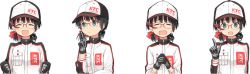 Rule 34 | 1girl, baseball cap, black hair, blue eyes, glasses, gloves, hat, jumpsuit, katie-chan, kyoto tool, long hair, mascot, mechanic, ponytail, smile, solo, transparent background