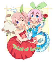 Rule 34 | 2girls, ;d, anniversary, arm up, blue dress, blue eyes, bow, copyright name, creature, dress, flower, frills, gloves, green bow, hair bow, happy, jewelry, kana (tales), lippi (tales), looking at viewer, mitsuki meia, multiple girls, necklace, one eye closed, open mouth, pearl necklace, pink bow, pink hair, purple eyes, red dress, red flower, red rose, rose, sara (tales), short hair, side ponytail, smile, tales of (series), tales of link, waist bow, white flower, white gloves, white rose
