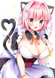 Rule 34 | 1girl, :d, alternate costume, animal ears, apron, bell, blush, breasts, cat ears, cat tail, cleavage, commentary request, detached collar, fang, hair between eyes, hair ornament, hairclip, heart, heart tail, highres, jingle bell, kantai collection, large breasts, looking at viewer, maid, maid apron, masayo (gin no ame), open mouth, pink hair, red eyes, short hair, short sleeves, smile, solo, tail, tama (kancolle), white apron, white background, wristband, x hair ornament