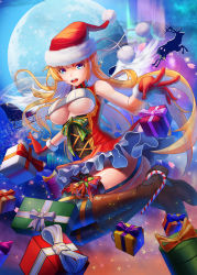 Rule 34 | 1girl, ass, bare shoulders, bell, blonde hair, blue eyes, boots, bow, box, breasts, christmas, female focus, flying, frills, full moon, garter straps, gift, gift box, gloves, hat, highres, kaku-san-sei million arthur, large breasts, long hair, looking at viewer, million arthur (series), moon, open mouth, original, petals, red gloves, reindeer, santa hat, solo, sparkle, tako seijin, thighhighs, underboob, wings