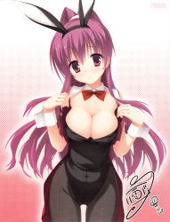 Rule 34 | 1girl, absurdres, animal ears, blush, bow, bowtie, breasts, rabbit ears, playboy bunny, cleavage, detached collar, dracu-riot!, fake animal ears, female focus, fishnet pantyhose, fishnets, head tilt, highres, inamura rio, kobuichi, large breasts, long hair, looking at viewer, pantyhose, ponytail, purple hair, red eyes, shy, solo, vest, wrist cuffs