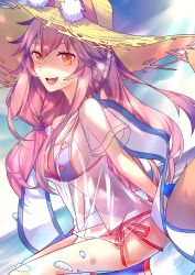 Rule 34 | 1girl, absurdres, animal ears, bikini, bikini under clothes, blue bikini, breasts, collarbone, day, ears through headwear, fang, fate/grand order, fate (series), fox ears, fox tail, hat, highres, large breasts, long hair, looking at viewer, ocean, outdoors, pink hair, see-through, shirt, side-tie bikini bottom, sideboob, solo, straw hat, swimsuit, tail, tamamo (fate), tamamo no mae (fate/extra), tamamo no mae (swimsuit lancer) (fate), tamamo no mae (swimsuit lancer) (second ascension) (fate), wet, wet clothes, wet shirt, yellow eyes