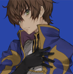 Rule 34 | 1boy, blue background, brown hair, cape, closed mouth, code geass, green eyes, kururugi suzaku, looking at viewer, male focus, shirabi, simple background, solo, upper body