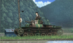 Rule 34 | 10s, 2girls, 99 (hosinosensei), black hair, caterpillar tracks, chi-hatan military uniform, cloud, commentary, day, driving, emblem, girls und panzer, goggles, goggles on head, helmet, hill, lamp, long hair, military, military vehicle, motor vehicle, multiple girls, nishi kinuyo, outdoors, path, rice paddy, road, road sign, scenery, shed, sign, sky, smile, tank, tree, type 97 chi-ha, uniform, utility pole, vehicle, water