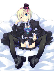 Rule 34 | 00s, 1girl, :p, ;p, alternate costume, blonde hair, blue eyes, erica hartmann, gothic lolita, hat, lolita fashion, one eye closed, panties, shimakaze (soundz of bell), short hair, sitting, solo, strike witches, thighhighs, tongue, tongue out, underwear, white panties, wink, world witches series