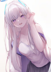 Rule 34 | 1girl, black skirt, blue archive, blunt bangs, blush, breasts, camisole, cleavage, commentary request, halo, highres, hojiro same, long hair, looking at viewer, medium breasts, noa (blue archive), open mouth, pink eyes, skirt, solo, teeth, upper teeth only, white camisole, white hair