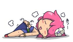 Rule 34 | 1990s (style), 1girl, bad id, bad pixiv id, bare shoulders, blush, blush stickers, bracelet, breasts, chibi, dancer, closed eyes, final fantasy, final fantasy v, flower, hair flower, hair ornament, jewelry, kuto tubuyaki, lenna charlotte tycoon, lying, on back, open mouth, pink hair, retro artstyle, short hair, smile, solo